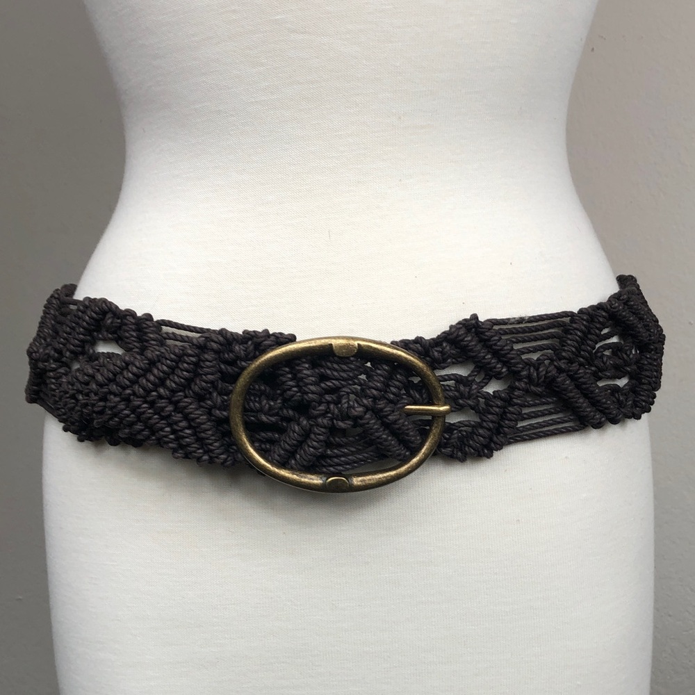 Brown Boho Macrame Wide Belt Brass Buckle